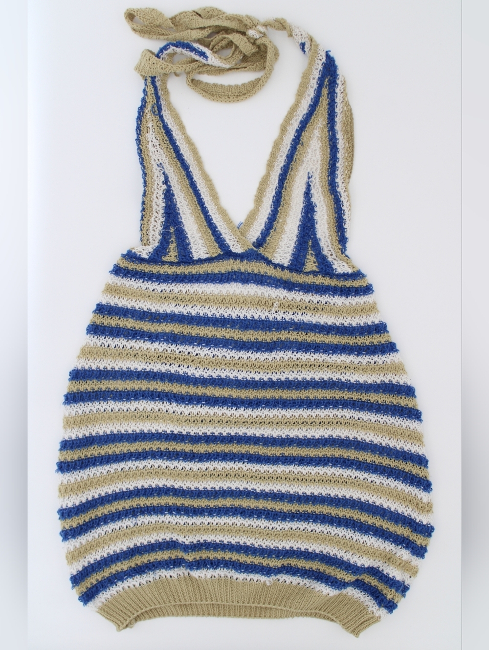 SHEIN Striped Crochet Halter Mini Dress - Tan, Blue & White - Picture 2 of 5